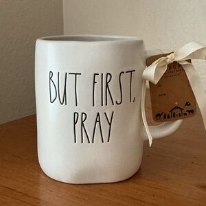 Rae Dunn White Ceramic Mug with Black Lettering - "But First, Pray"